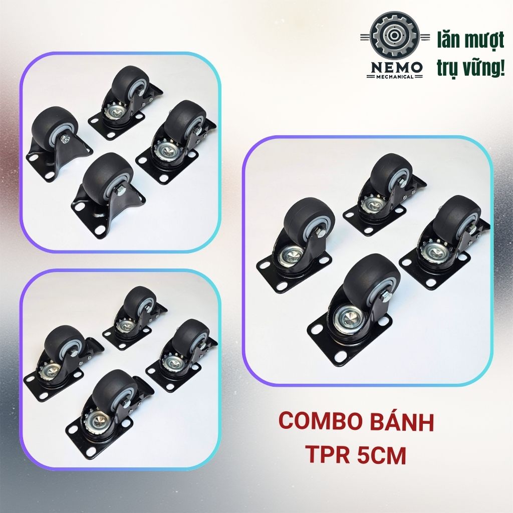 Bánh Xe TPR Chống Ồn Tải Cao – Càng Thép Sơn Tĩnh Điện Đen (D40, D50)